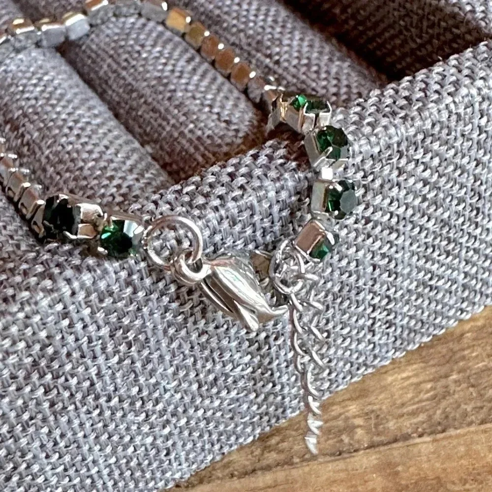 Emerald Green Colored CZ Stainless Steel Tennis Bracelet May Birthstone - Picture 3 of 4